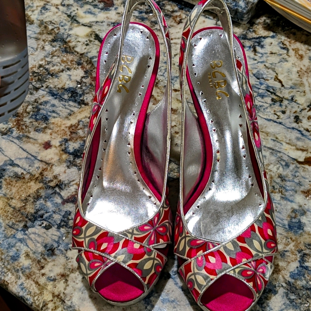 BCBG Paris pink floral pumps